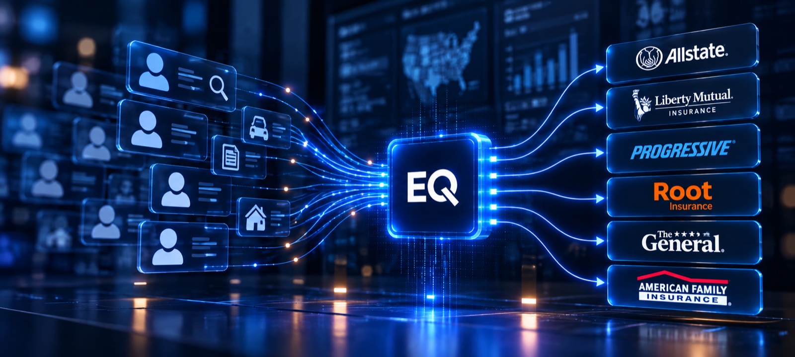 EverQuote matching high-intent consumers to carriers including Allstate, Liberty Mutual, Progressive, Root, The General and American Family